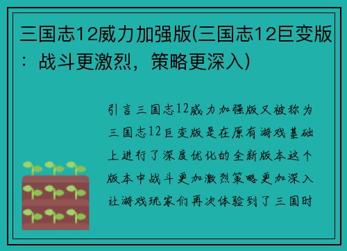 三国志12威力加强版(三国志12巨变版：战斗更激烈，策略更深入)